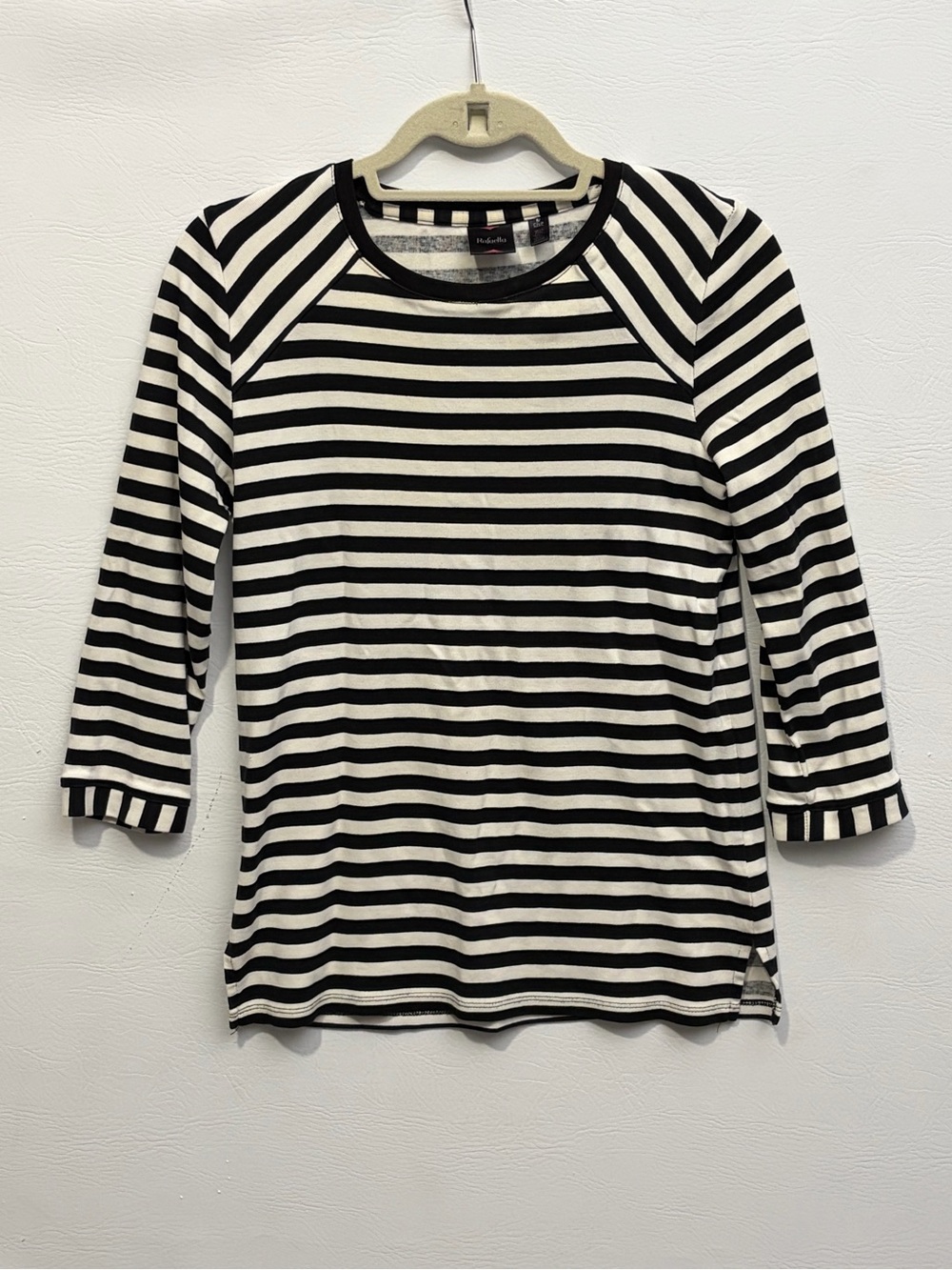 Rafaella Black & White Striped Raglan 3/4 Long Sleeve Tee Small